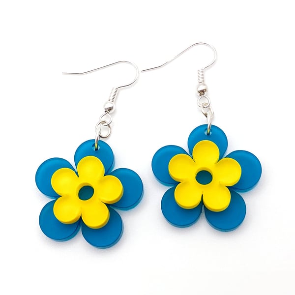 Vintage Blue Floral Earrings - Bright "Forget Me Not" Handmade Drop