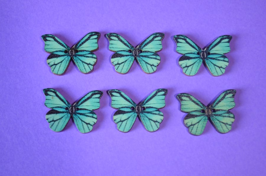 Wooden Butterfly Buttons Blue Turquoise Black 6pk 28x20mm (B21)