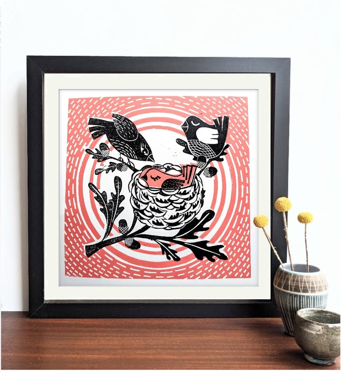Birds in a nest in pink - Original Lino Print