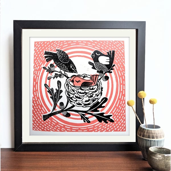 Birds in a nest in pink - Original Lino Print