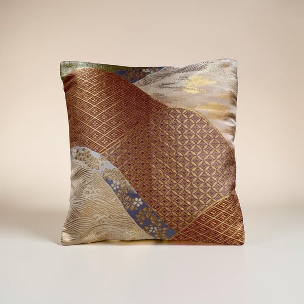 Japanese Patterned Silk Cushion Made From Vintage Obi Beige Colour