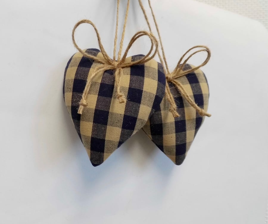 SOLD Pair hanging heart decorations dark blue and beige gingham 