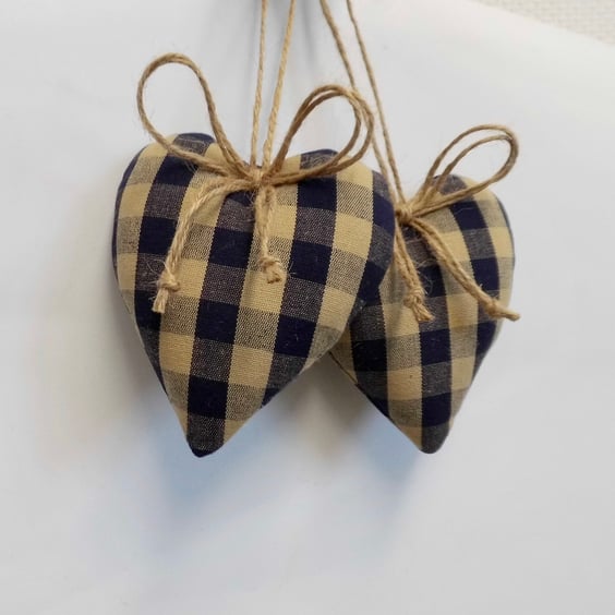 Pair hanging heart decorations dark blue and beige gingham 