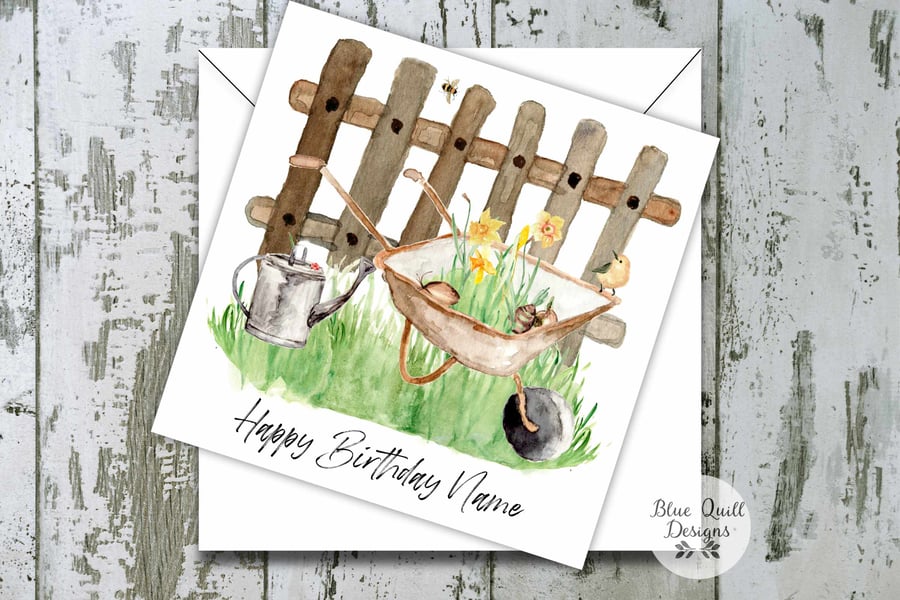 Wheelbarrow Garden Themed Watercolour Print Personalised Birthday Card
