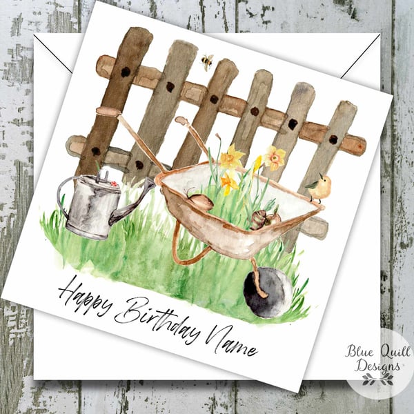 Wheelbarrow Garden Themed Watercolour Print Personalised Birthday Card