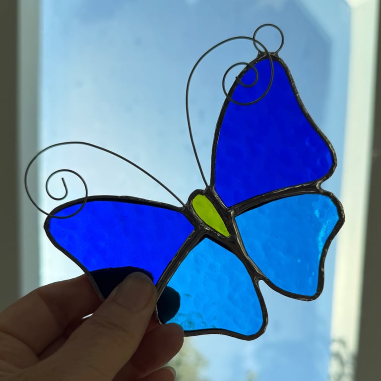 Stained Glass Butterfly Suncatcher - Handmade Decoration  - blue