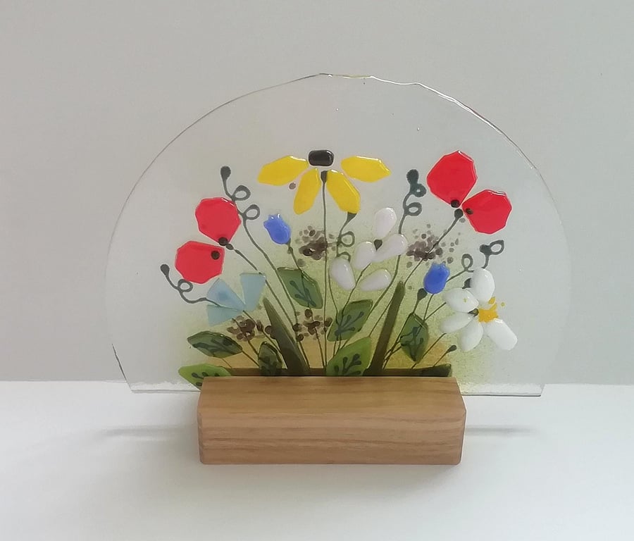 Fused Glass Floral Suncatcher: Colorful Bouquet Ornament, Oak Stand Included