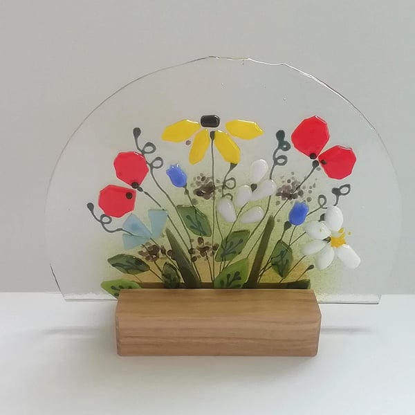 Fused Glass Floral Suncatcher: Colorful Bouquet Ornament, Oak Stand Included