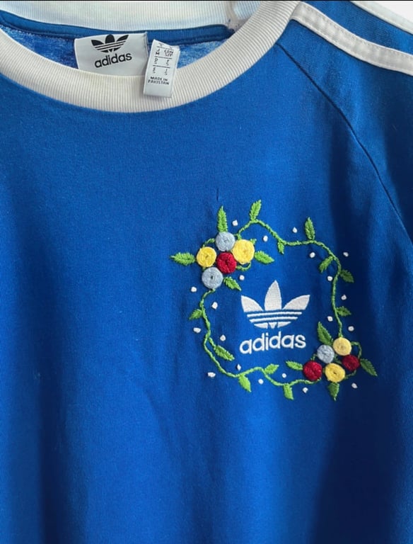 Hand-Embroidered Bright Blue adidas Triple Stripe T-Shirt