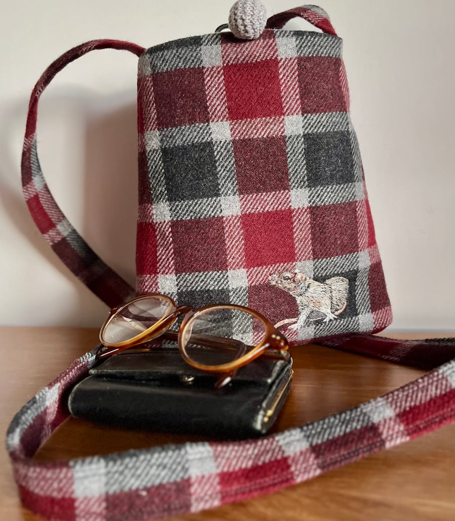 Small crossbody bag with hand embroidered rat