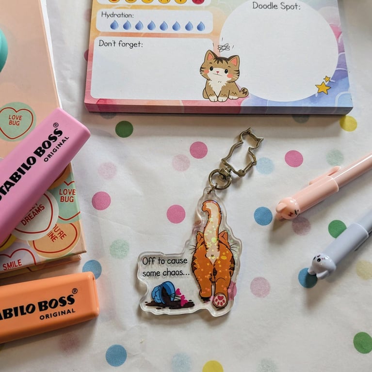 Funny Ginger Cat Butt Keychain, Holographic Chaos Charm, Orange Tabby Lover Gift