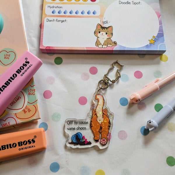 Funny Ginger Cat Butt Keychain, Holographic Chaos Charm, Orange Tabby Lover Gift