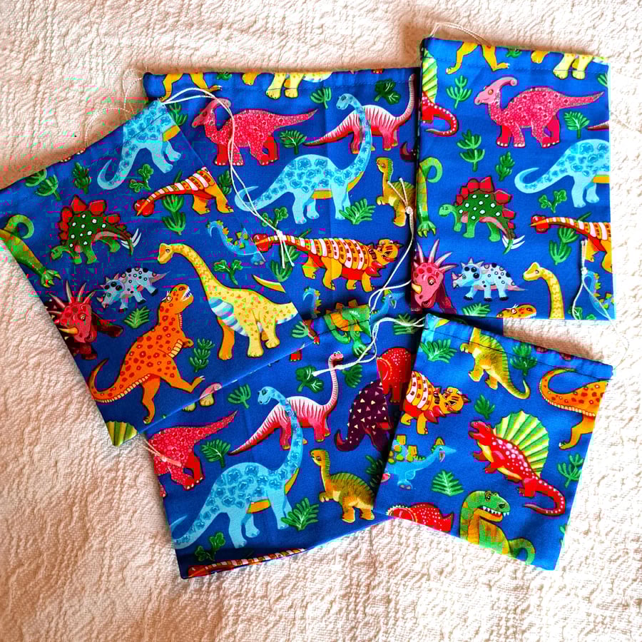  Dinosaur, gift bags, pack of five, cotton, drawstring, hand made
