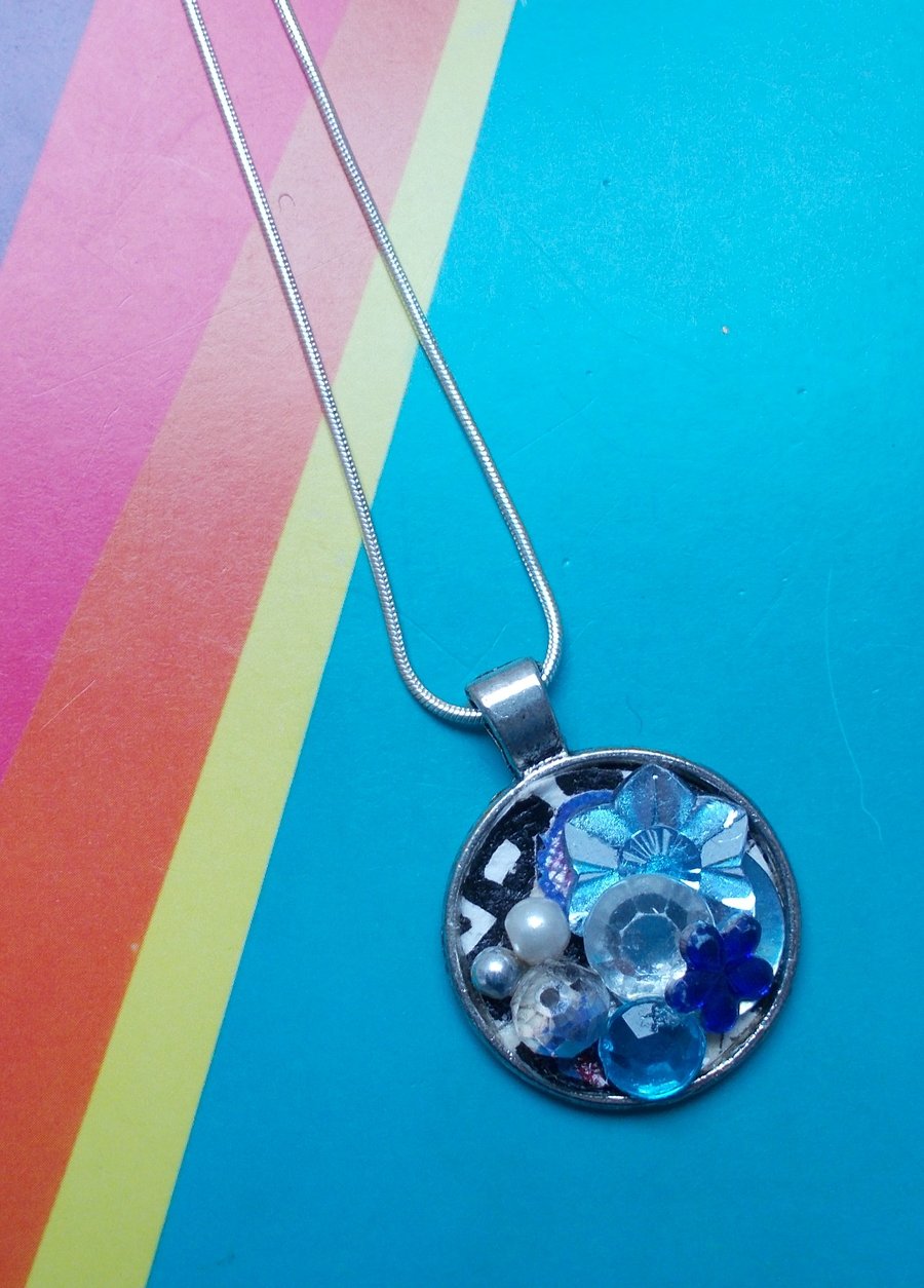 Icey Blue Bejewelled Pendant with Black and White Checks