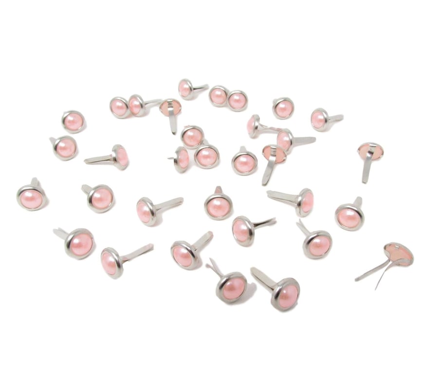50 Round PEARL 8mm Brads For Crafts & Scrapbooking Light Pink With Silver Surrou