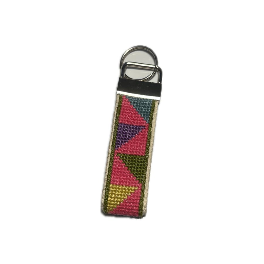 Geometric Cross Stitch Keyring: Hand Embroidered Linen Key Fob