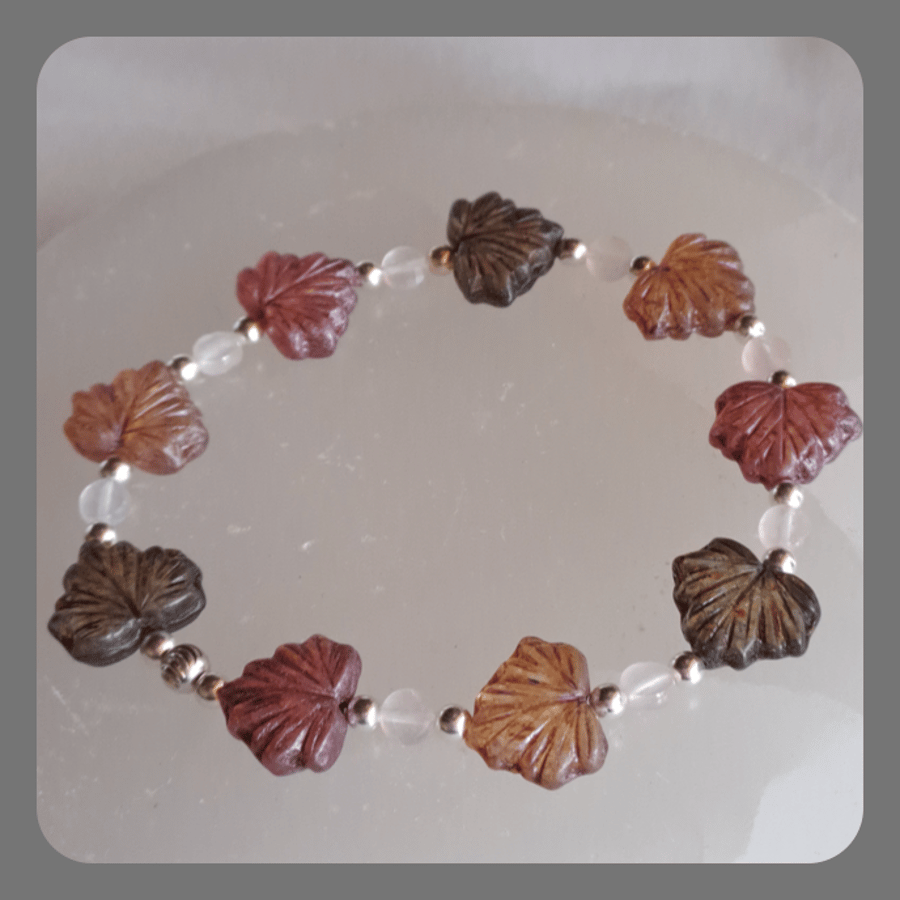  Czech glass, Rose Quartz and Sterling Silver Leaf bracelet