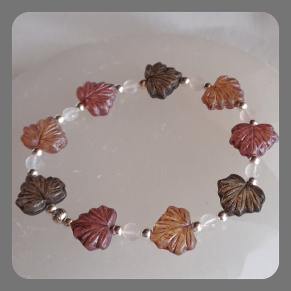  Czech glass, Rose Quartz and Sterling Silver Leaf bracelet