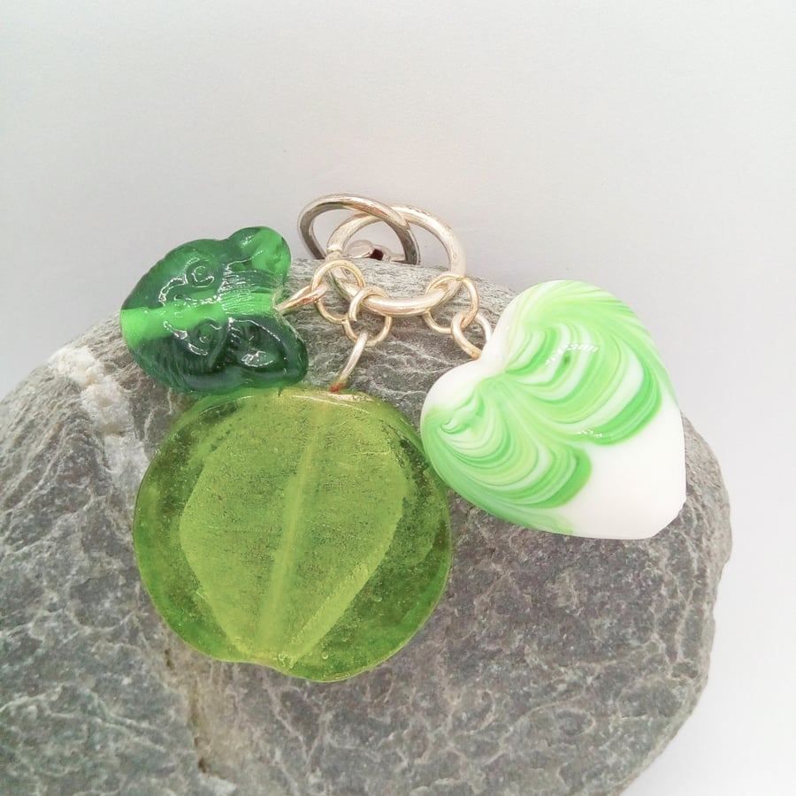 Green Glass Cat and Coin Bead and Ceramic Heart Bag Charm
