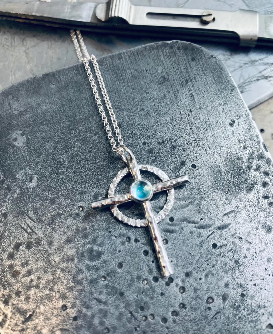 Sterling Silver Topaz Cross Pendant:Handmade using Traditional Silversmith Tools