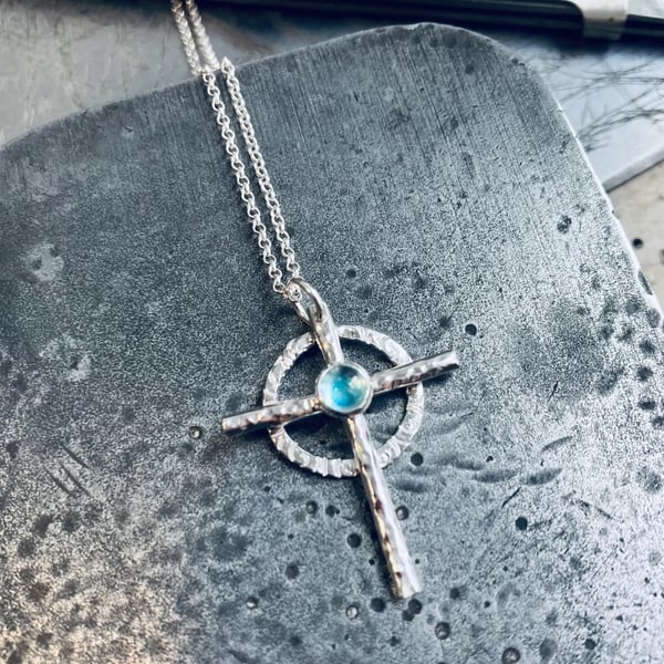 Recycled Sterling Silver Topaz Cross Pendant: Sterling Silver