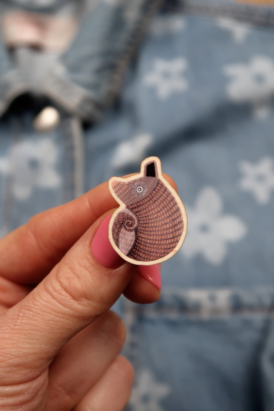 Armadillo wooden pin badge, gift for animal lover, cute brooch.