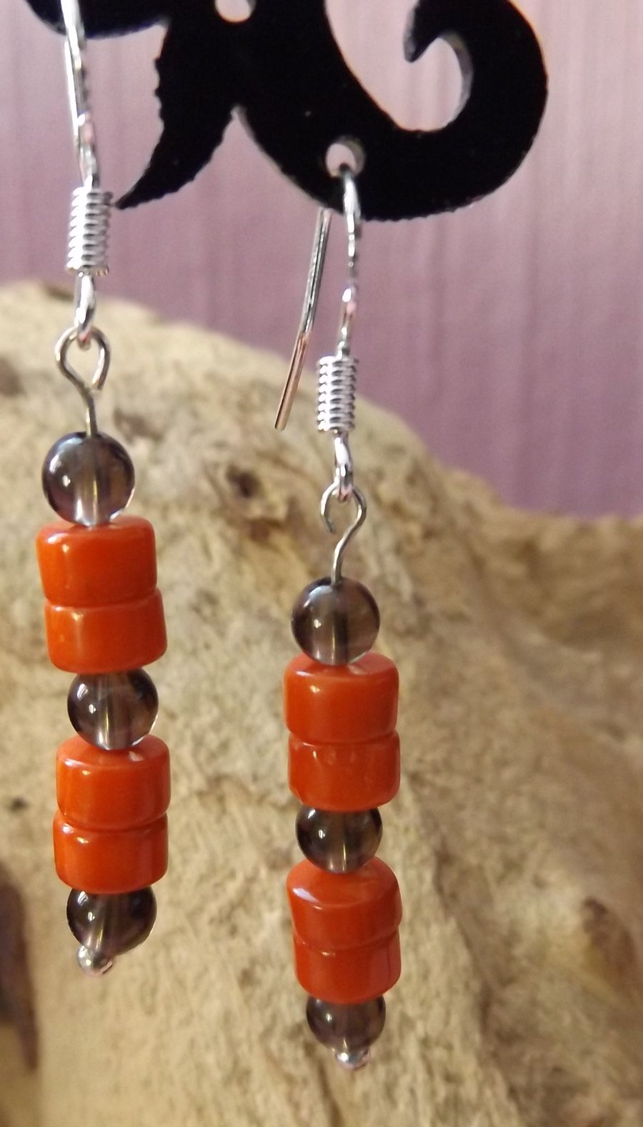 Sterling silver red coral and smokey quartz 3cm drop earrings