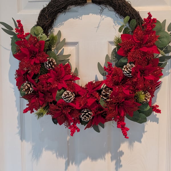 Luxury Red Poinsettia Christmas Wreath – Handmade Festive Front Door Decoration 