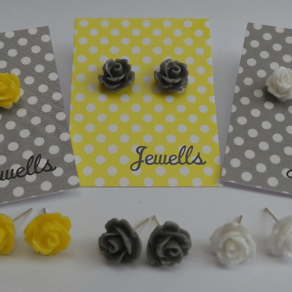 SALE Grey Yellow White Resin Flower Rose Earrings - gift carded