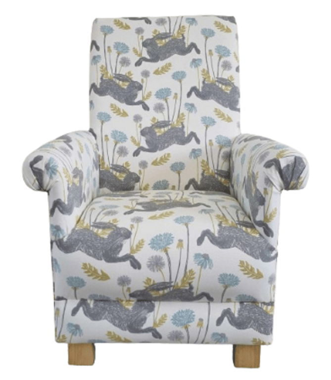 Blue Armchair Clarke March Hares Mineral Fabric Chair Floral Nursery Accent New