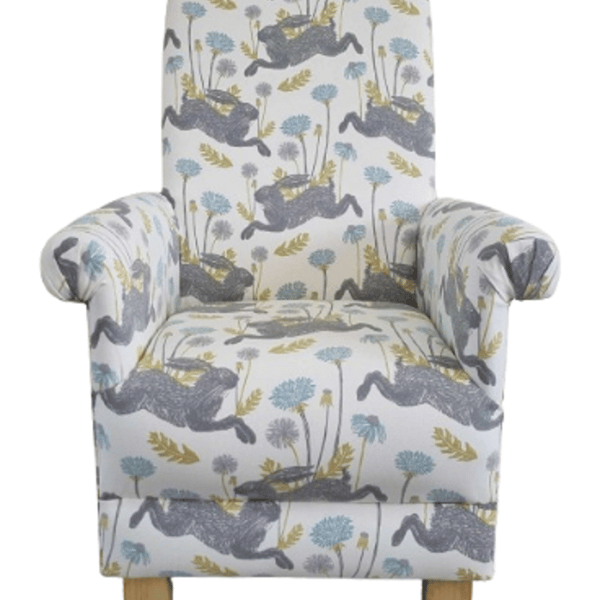 Blue Armchair Clarke March Hares Mineral Fabric Chair Floral Nursery Accent New