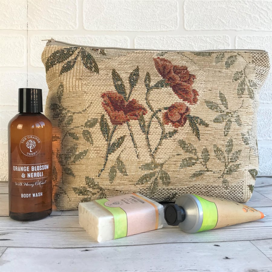 Beige and terracotta textured floral toiletry bag, wash bag 