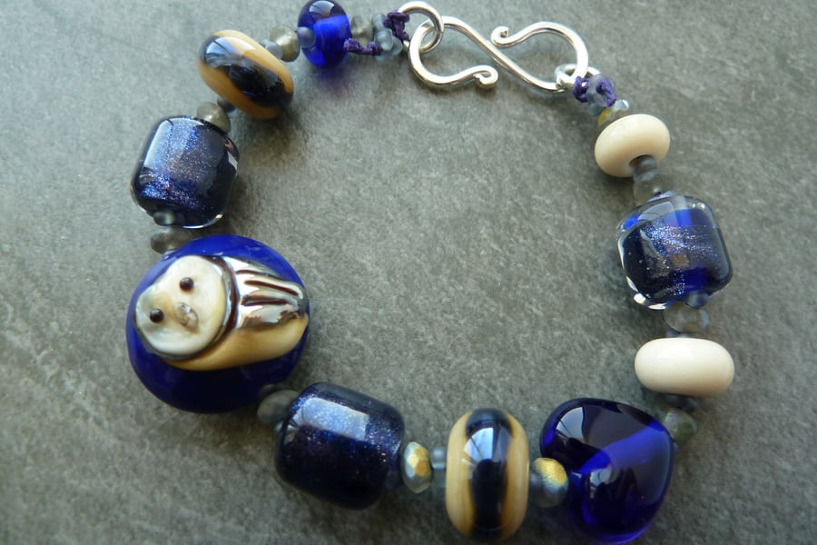 sterling silver lampwork glass owl bracelet