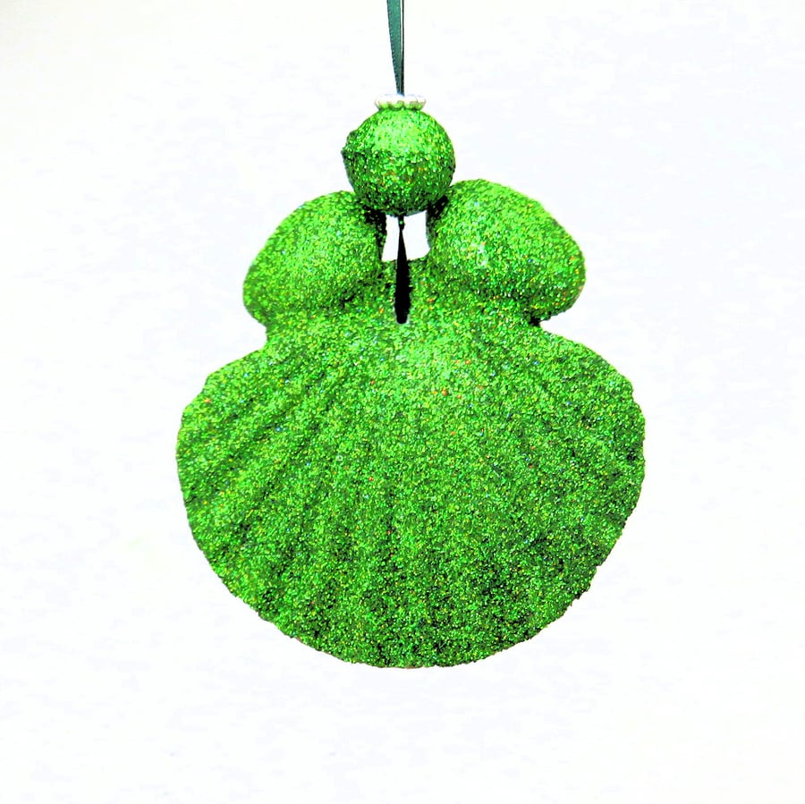 Cute handmade shell Christmas or Yule glittering bright green guardian angel