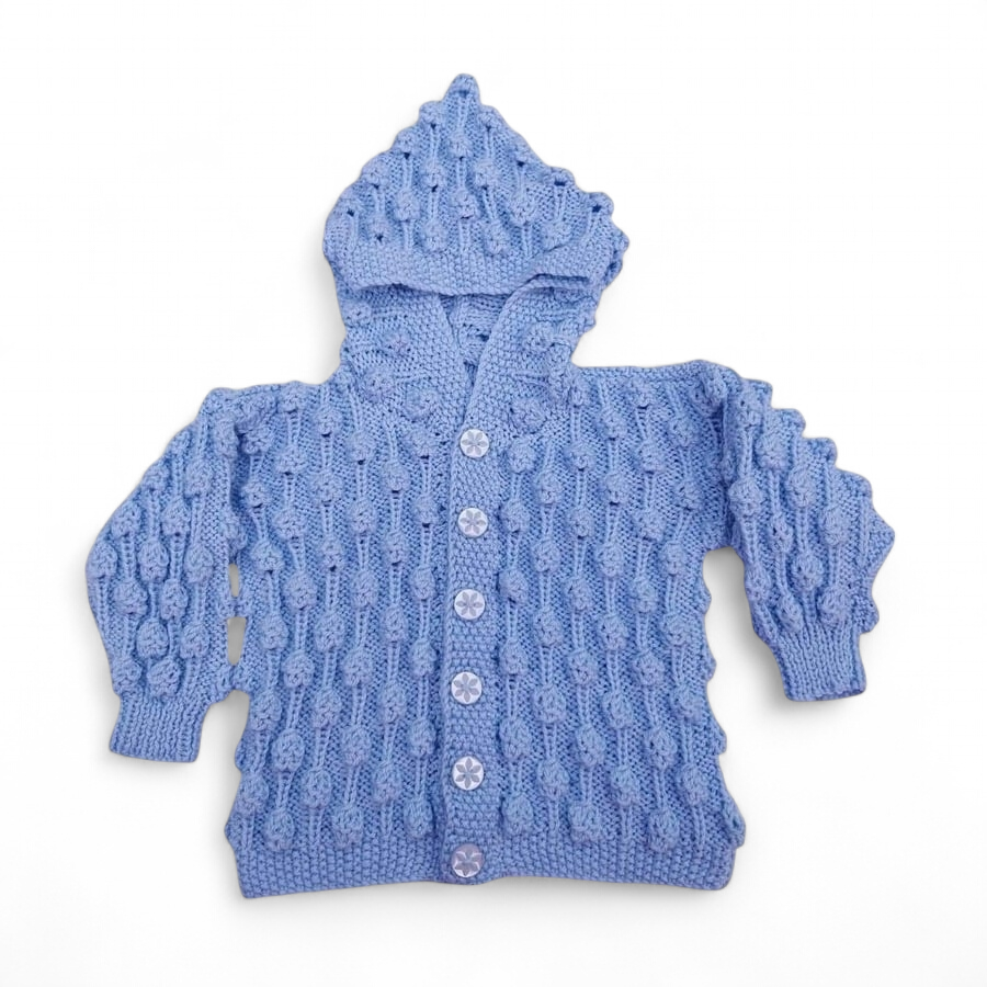 Baby cardigan in blue with hood and bobble pattern to fit 6 - 12 months 