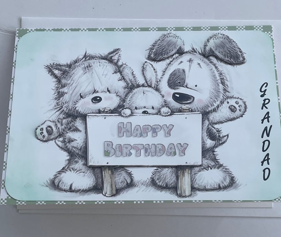 Image of Happy Birthday Grandad cute dog, cat and bunny card