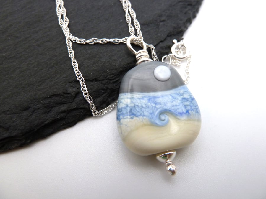 sterling silver chain, lampwork glass moon pendant