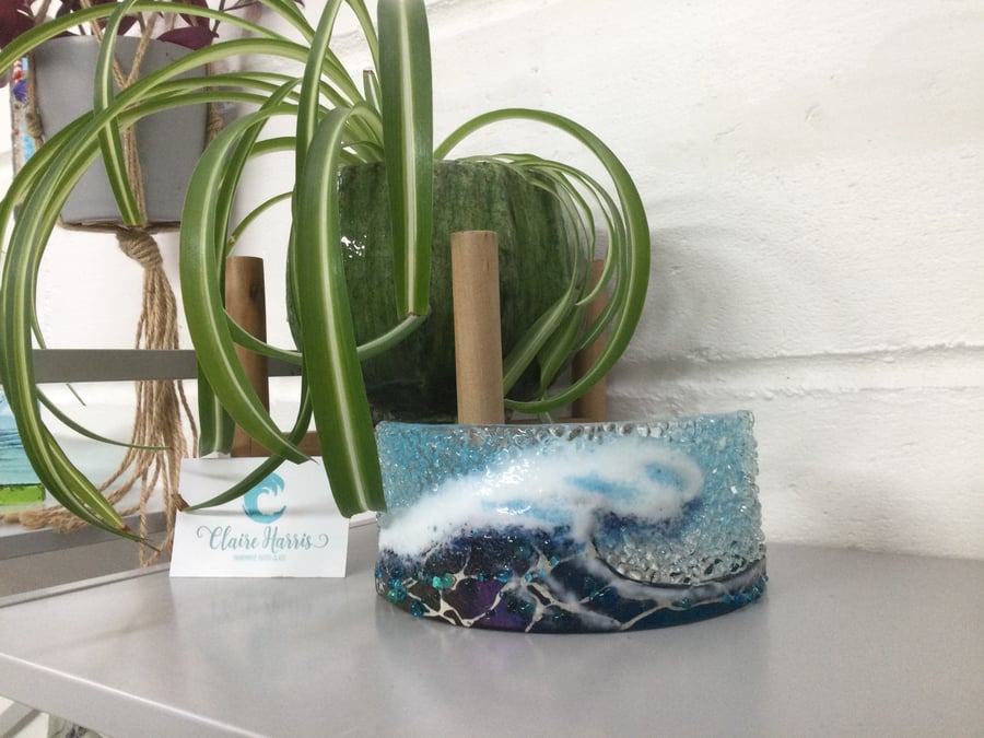 Fused Glass Crashing Wave Dark Aqua, Curve. 