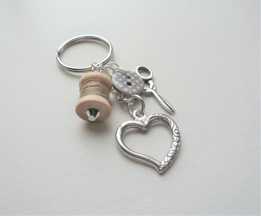 Taupe Sewing Keyring or Bag Charm Button Cotton Reel Scissors  KCJ4067