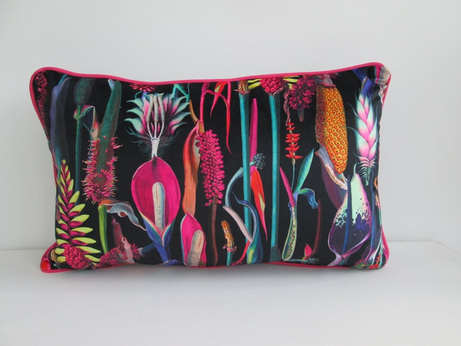 Printed Velvet Jungle  Design  Cushion Cover with pink Piping
