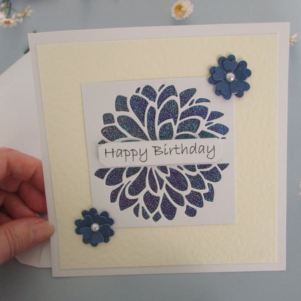 Happy Birthday Card Iridescent Die Cut Dark Blue Dahlia Flower - Blank Inside 