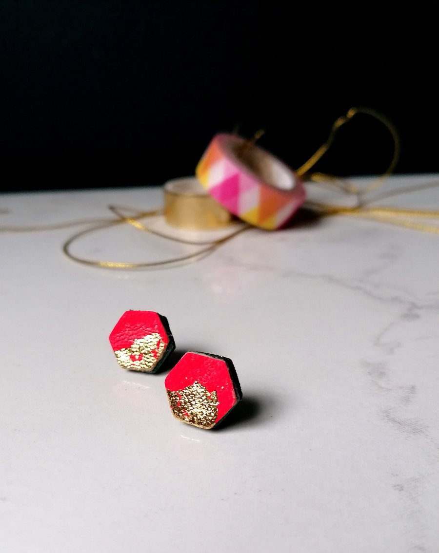 Hexagon Stud Earrings - Repurposed Leather - Rio Red