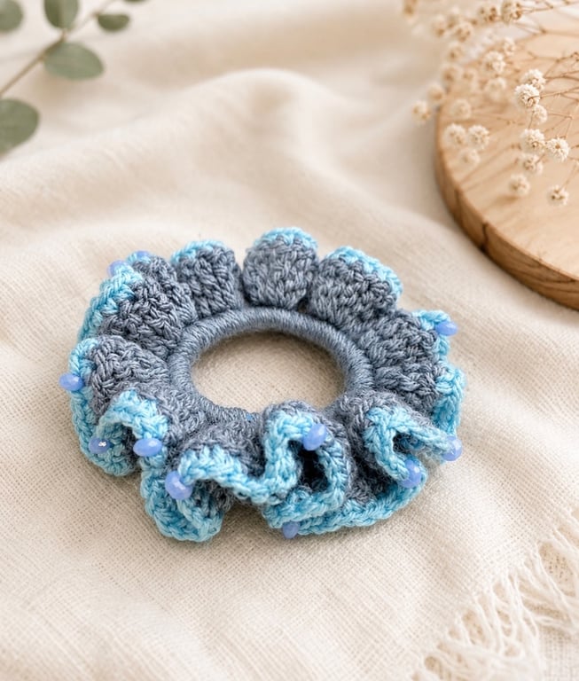 Handmade Crochet Beaded Scrunchie - Dusty Blue & Sky Blue Hair Scrunchie - Ruffl