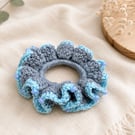 Handmade Crochet Beaded Scrunchie - Dusty Blue & Sky Blue Hair Scrunchie - Ruffl
