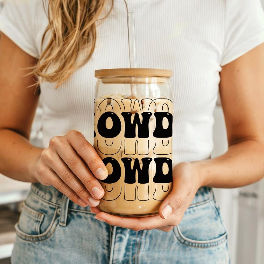 Howdy Glass Can Cup 16oz - Western Iced Coffee Glass with Bamboo Lid & Straw 