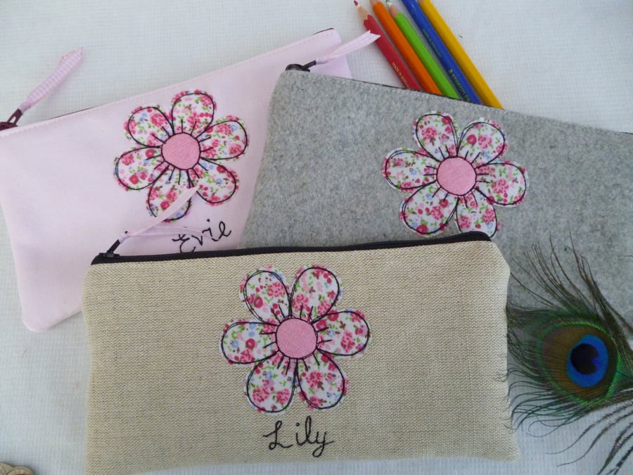 Flower Pencil Case - Personalised Pen Pouch with Floral Applique Mum gift