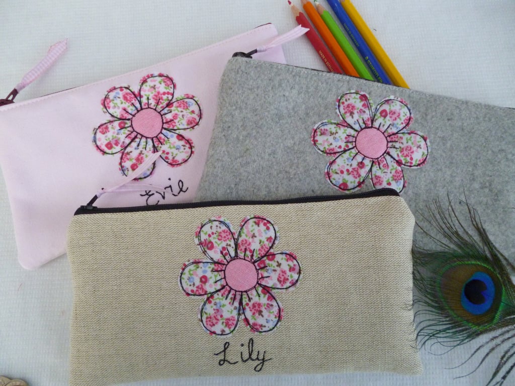 Flower Pencil Case - Personalised Pen Pouch with Floral Applique Mum gift