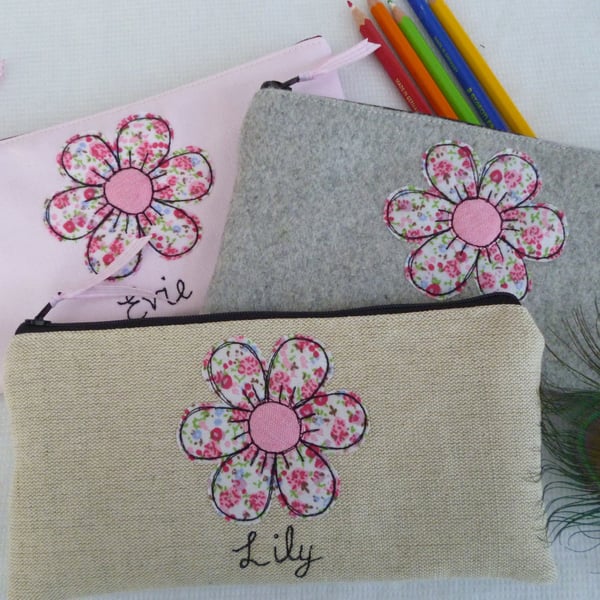 Flower Pencil Case - Personalised Pen Pouch with Floral Applique Mum gift