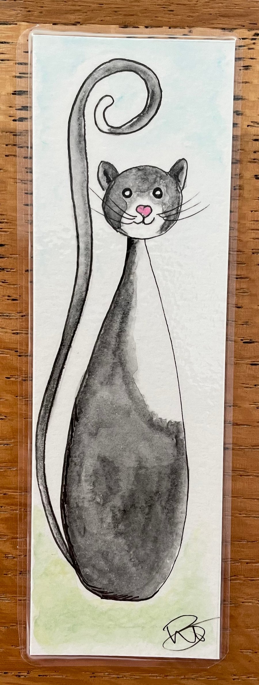 Hand painted original watercolour and ink fat cat bookmark