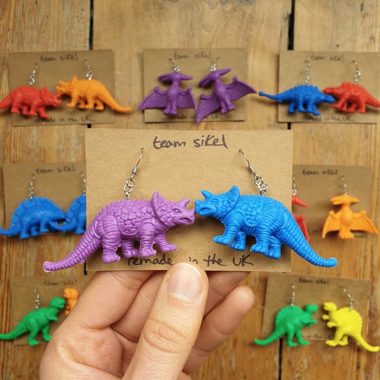 Purple and Blue Triceratops Soft Plastic Dinosaur Earrings - Upcycled from Toys